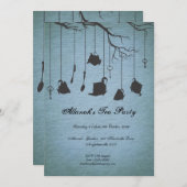 ポット&カップ&鍵誕生日なし誕生日ティーパーティー 招待状 (正面/裏面)