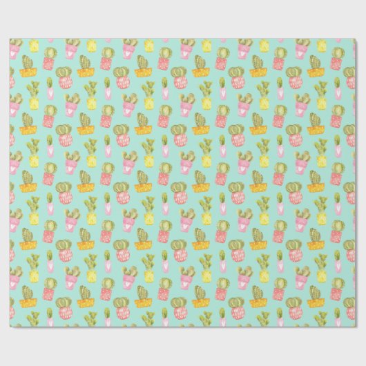 ポット、水色のパターンでとげのあるサボテン。 ラッピングペーパー (フラット)