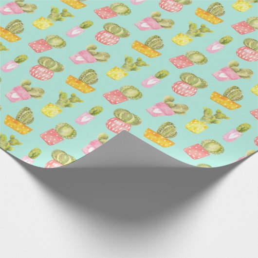 ポット、水色のパターンでとげのあるサボテン。 ラッピングペーパー (角)