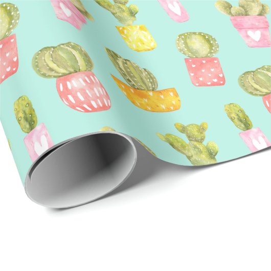 ポット、水色のパターンでとげのあるサボテン。 ラッピングペーパー (ロールコーナー)