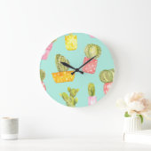 ポット、水色のパターンでとげのあるサボテン。 ラージ壁時計 (ホーム)