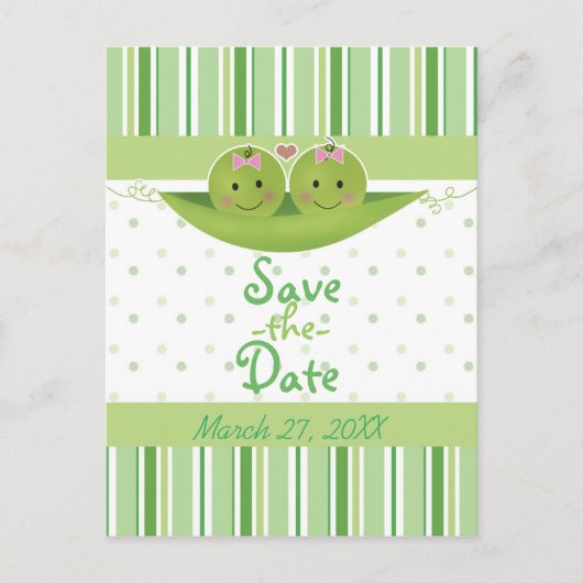 ポッドに2つのエンドウ豆ツイン女の子の赤ちゃんシャワー散水 案内ポストカード (正面)