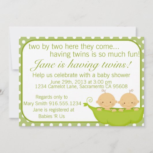 ポッドのエンドウ豆はベビーシャワーの招待状を結び付けます 招待状 (正面)