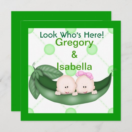 ポッドのベビーの発表の2個のエンドウ豆 案内状 (正面/裏面)