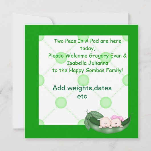 ポッドのベビーの発表の2個のエンドウ豆 案内状 (裏面)