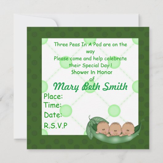 ポッドのベビーシャワーの三重項の招待の3個のエンドウ豆 招待状 (裏面)