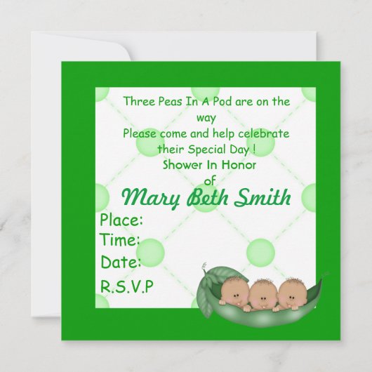 ポッドのベビーシャワーの三重項の招待の3個のエンドウ豆 招待状 (裏面)