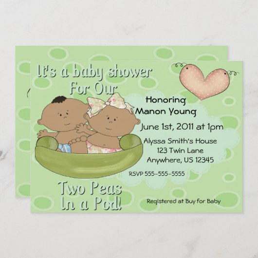 ポッドのベビーシャワーの招待状の双生児の男の子の女の子のエンドウ豆 招待状 (正面/裏面)