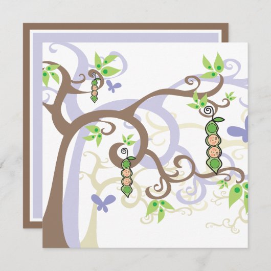 ポッドのベビーシャワーの魔法の木の双生児の女の子の男の子のエンドウ豆 招待状 (正面/裏面)