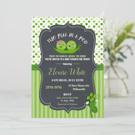 ポッドのベビーシャワーの2個のエンドウ豆は女の子および男の子を結び付けます 招待状 (スタンド正面)