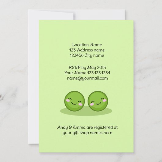 ポッドの双子のベビーシャワー招待状の2つのエンドウ 招待状 (裏面)