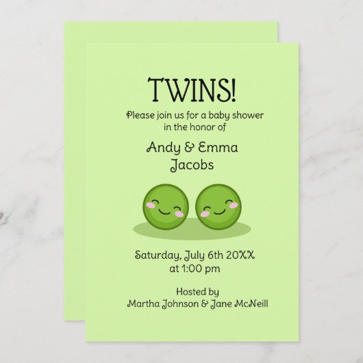 ポッドの双子のベビーシャワー招待状の2つのエンドウ 招待状 (正面/裏面)