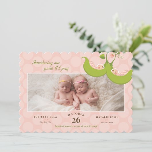 ポッドの双子の女の子のエンドウ豆1 Pic Birth Announcement 招待状 (スタンド正面)