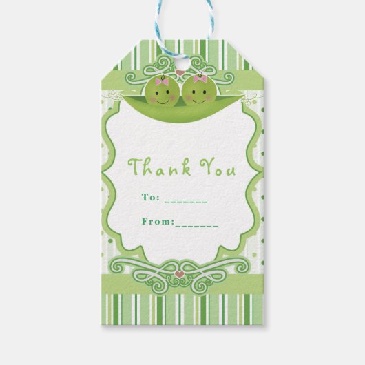 ポッドの双子の女の子の赤ちゃんシャワーのお気に入り2つの豆 ギフトタグ (正面)