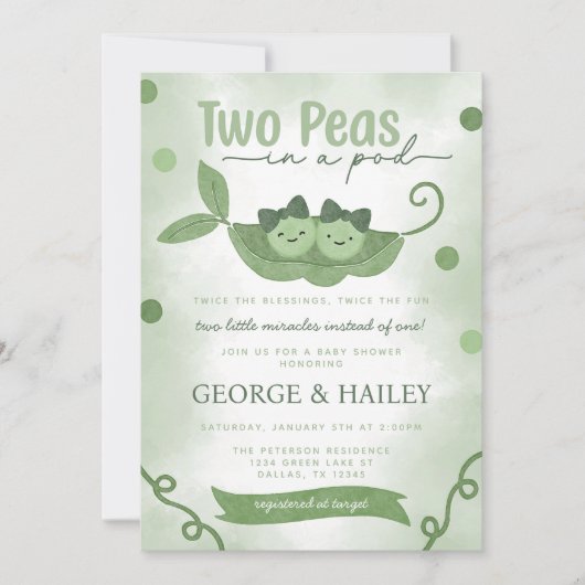 ポッドの双子の女の子の赤ちゃんシャワーの2つのエンドウ 招待状 (正面)