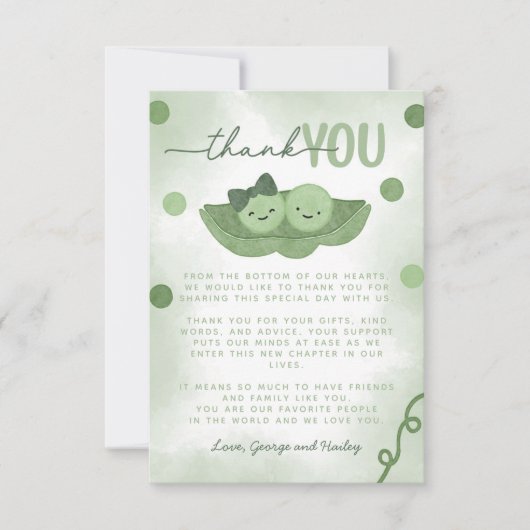 ポッドの双子の男の子と女の子の赤ちゃんシャワーの2つのエンドウ サンキューカード (正面)