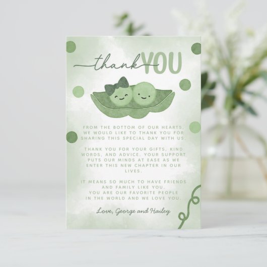 ポッドの双子の男の子と女の子の赤ちゃんシャワーの2つのエンドウ サンキューカード (スタンド正面)