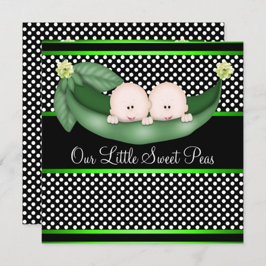 ポッドの双子の男の子の赤ちゃんシャワーの可愛い緑のエンドウ 招待状 (正面/裏面)