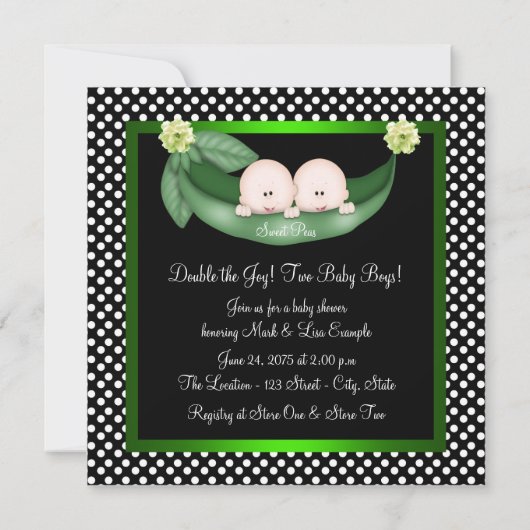 ポッドの双子の男の子の赤ちゃんシャワーの可愛い緑のエンドウ 招待状 (裏面)