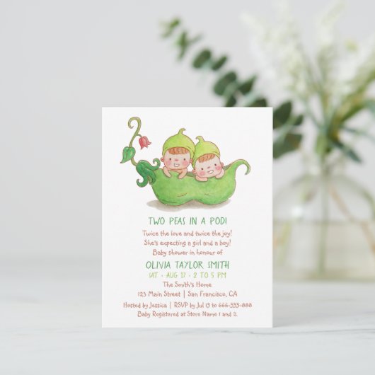 ポッドの双生児のベビーシャワーの水彩画の2個のエンドウ豆 招待状 (スタンド正面)