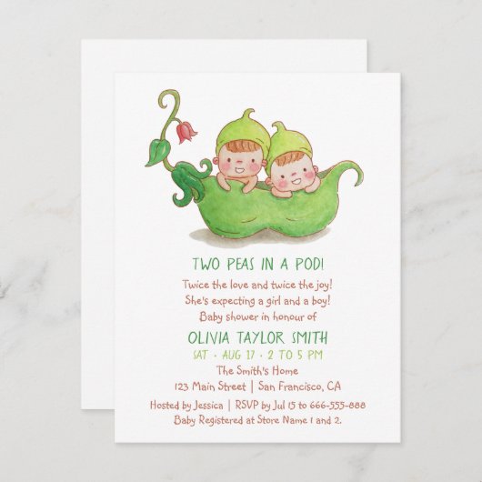 ポッドの双生児のベビーシャワーの水彩画の2個のエンドウ豆 招待状 (正面/裏面)