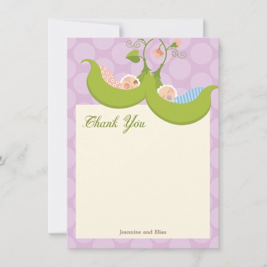 ポッドの双生児の男の子の女の子のベビーシャワーのエンドウ豆は感謝していしています サンキューカード (正面)