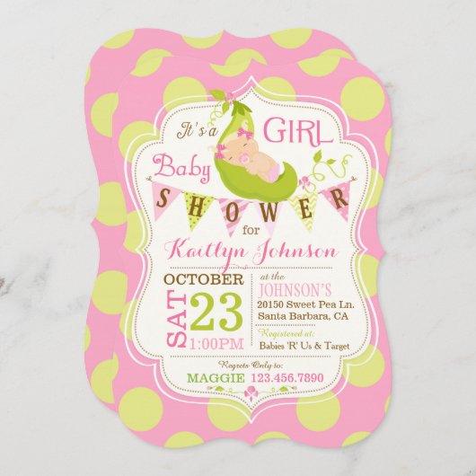 ポッドの女の子のベビーシャワーの招待状のエンドウ豆 招待状 (正面/裏面)