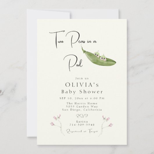 ポッドの女の子の赤ちゃんシャワーに2つのエンドウ豆 招待状 (正面)