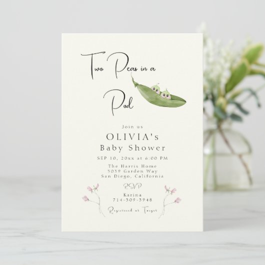ポッドの女の子の赤ちゃんシャワーに2つのエンドウ豆 招待状 (スタンド正面)