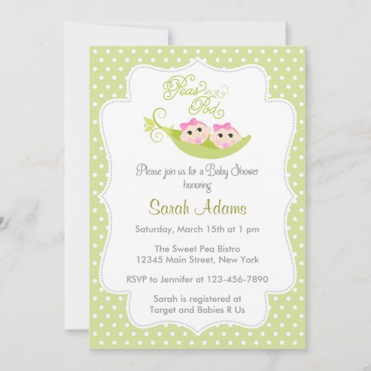 ポッドの対の女の子のベビーシャワーの招待状のエンドウ豆 招待状 (正面)