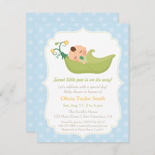 ポッドの男の赤ちゃんのシャワーの招待状のスイートピー 招待状 (正面/裏面)