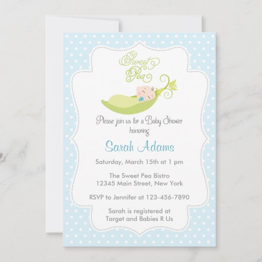 ポッドの男の赤ちゃんのシャワーの招待状のスイートピー 招待状 (正面)