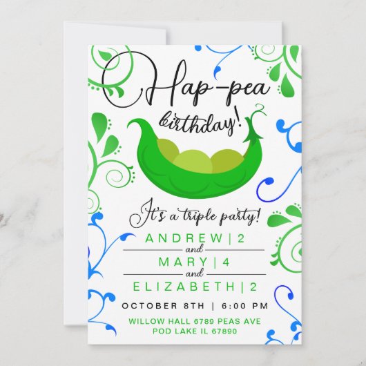 ポッドの色の三つ子まクールたは関節パーティーのエンドウ 招待状 (正面)