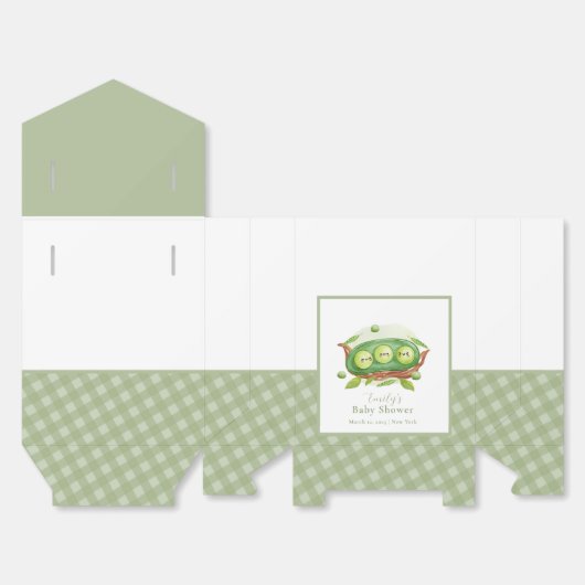 ポッドの赤ちゃんシャワーのギンガムグリーンのスイートピー フェイバーボックス (見開き)