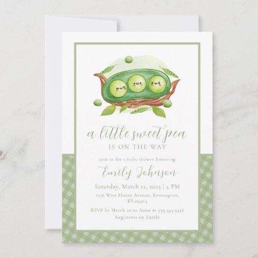 ポッドの赤ちゃんシャワーのギンガムグリーンのスイートピー 招待状 (正面)