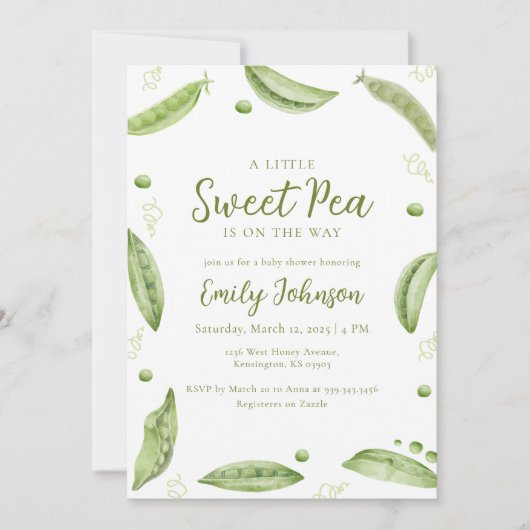 ポッドの赤ちゃんシャワーのセージ緑の甘いエンドウ 招待状 (正面)