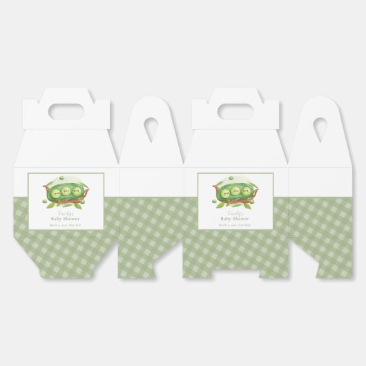 ポッドの赤ちゃんシャワーの可愛いギンガム緑のスイートピー フェイバーボックス (見開き)