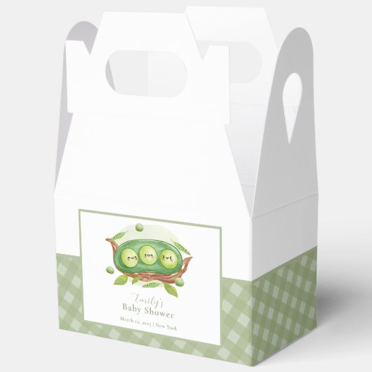 ポッドの赤ちゃんシャワーの可愛いギンガム緑のスイートピー フェイバーボックス (見開き)
