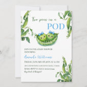 ポッドの青い男の子の双子の赤ちゃんシャワーのかわいい2つのエンドウ 招待状 (正面)