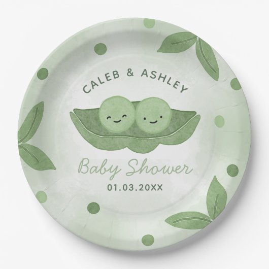 ポッドの2つのエンドウの男の子の赤ちゃんシャワー ペーパープレート (正面)