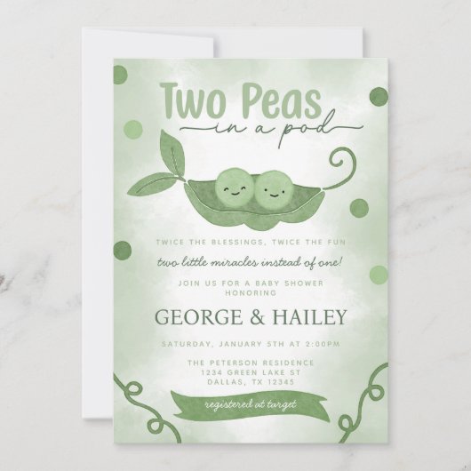 ポッドの2つのエンドウの男の子の赤ちゃんシャワー 招待状 (正面)