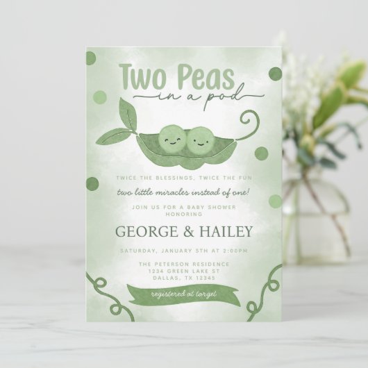 ポッドの2つのエンドウの男の子の赤ちゃんシャワー 招待状 (スタンド正面)