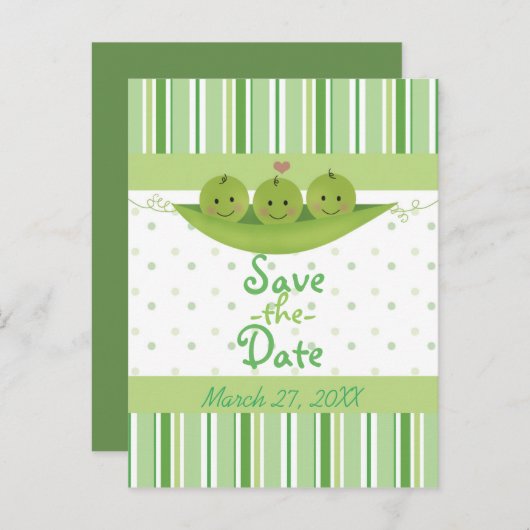 ポッドの3つのエンドウの赤ちゃんシャワー三つ子の日付を保存 案内ポストカード (正面/裏面)
