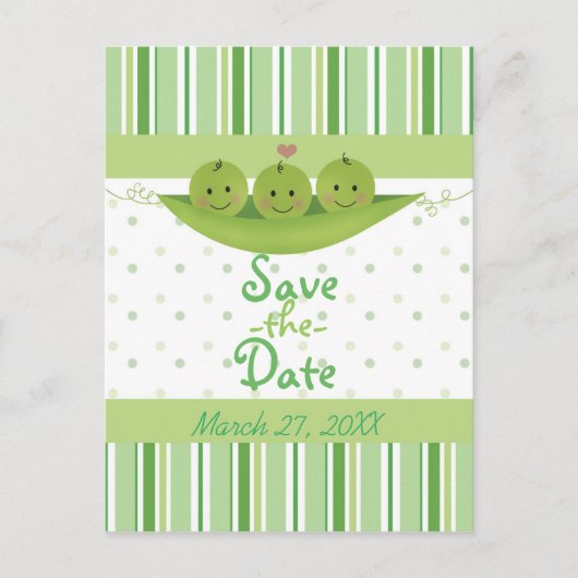 ポッドの3つのエンドウの赤ちゃんシャワー三つ子の日付を保存 案内ポストカード (正面)