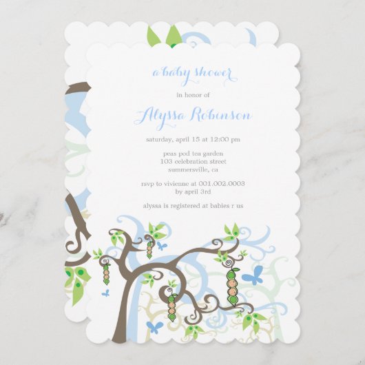 ポッドガーデンツインズのエンドウ豆男の赤ちゃんシャワー招待状 招待状 (正面/裏面)