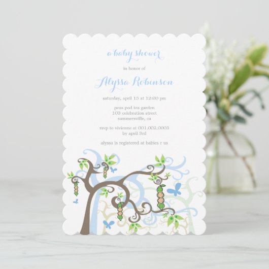 ポッドガーデンツインズのエンドウ豆男の赤ちゃんシャワー招待状 招待状 (スタンド正面)