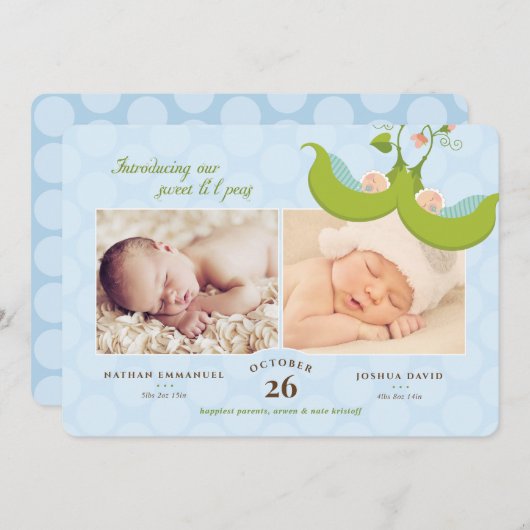 ポッドツインの豆の男の子2写真誕生のお知らせ 招待状 (正面/裏面)