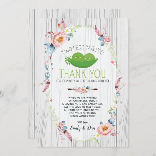 ポッドツインベイビーシャワーサンキューカードのボーホピース 招待状 (正面/裏面)