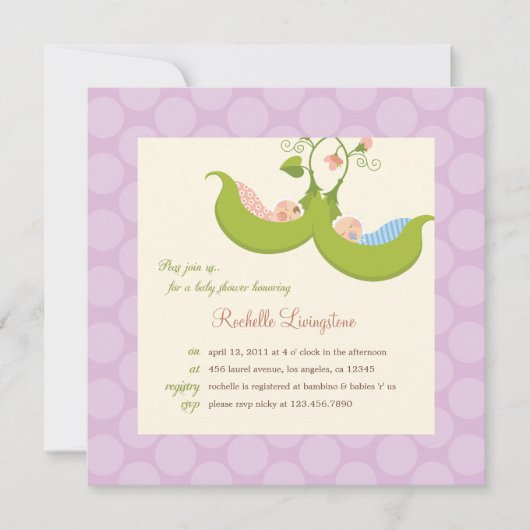 ポッドツインボーイ女の子ベビーシャワー招待状 招待状 (正面)