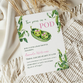 ポッドピンクの女の子の双子の赤ちゃんシャワーかわいい2つのエンドウ 招待状